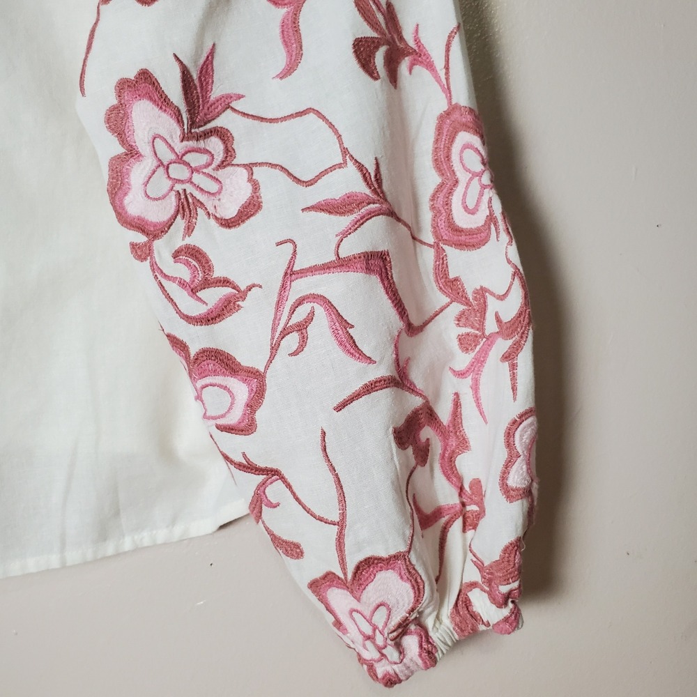 Calypso St Barth  Women's Large Embroidered Balloon Sleeves Pink White‎ Floral - Picture 3 of 10